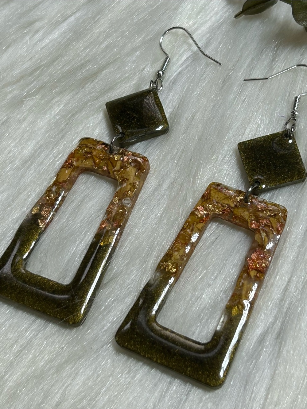 Olive Green and Gold Leaf Resin Drop Earrings